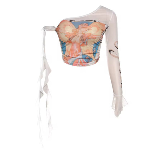 One Sleeve Graphic Mesh Top